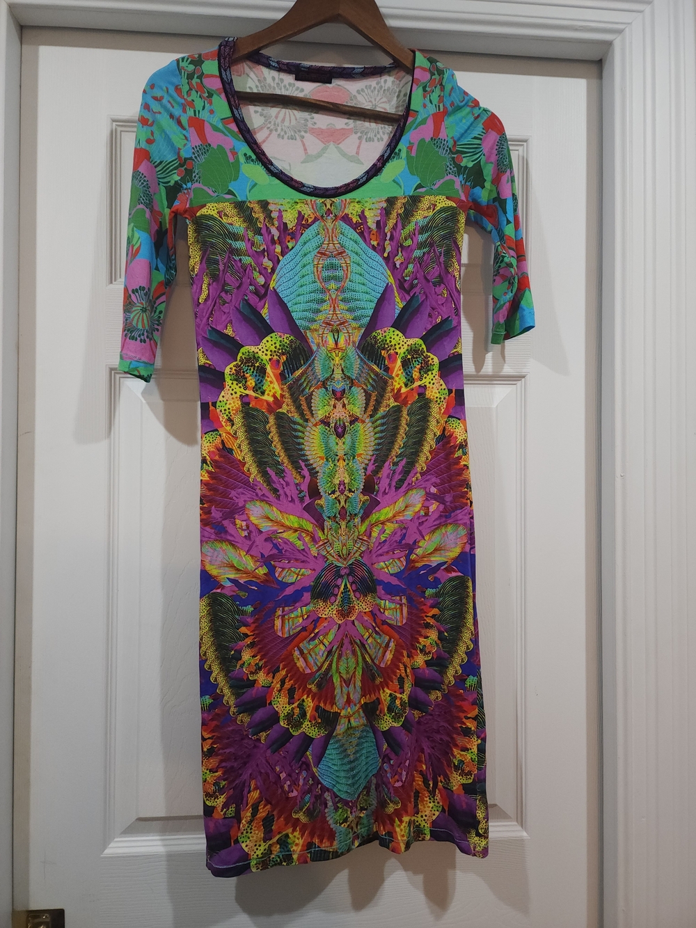 Custo Barcelona Bold Multicolor Midi Dress with Purple & Green Accents
